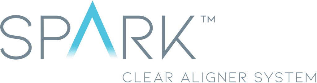 A white and grey spark clear aligner system logo