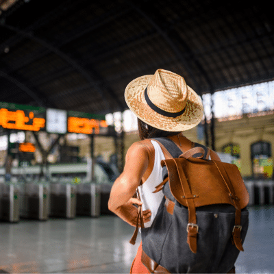 Traveling with braces or clear aligners: what to pack and prepare for 7 A person wearing a hat and backpack, representing traveling with braces or clear aligners